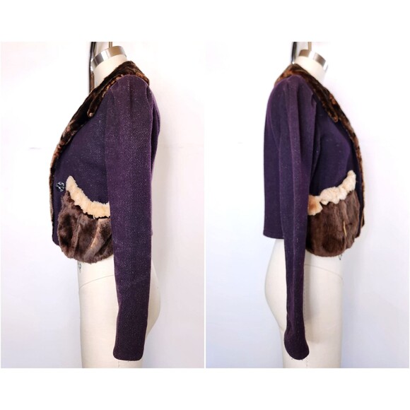 Vintage Wool & Fur Cropped Jacket Blazer Fall Winter Jacket with Fur Collar XS S - Picture 4 of 10